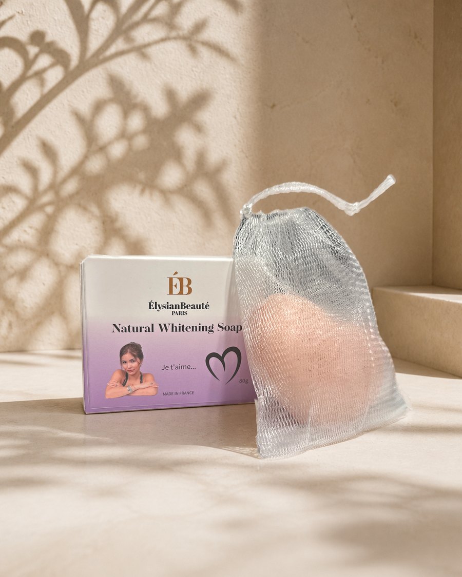 Natural Whitening Soap, the box and the soap in its net